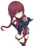  1girl alice_gear_aegis blush braid covered_navel eyebrows_visible_through_hair fujino_yayoi green_eyes hand_on_own_chest kazuoki leggings leotard looking_at_viewer red_hair simple_background solo standing white_background 