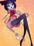  1girl :d arthropod_girl black_pantyhose black_sclera blue_hair bow colored_inner_hair colored_sclera cup extra_arms extra_eyes fangs hair_bow high_heels highres holding holding_cup holding_teapot idkuroi looking_at_viewer monster_girl muffet multicolored_hair orange_background pantyhose puffy_short_sleeves puffy_sleeves purple_hair red_bow red_eyes sharp_teeth short_sleeves silk smile solo spider_girl spider_web tea teacup teapot teeth two_side_up undertale 