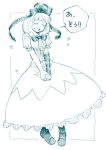  1girl arm_ribbon blush boots closed_eyes commentary_request daitai_konna_kanji dress front_ponytail full_body hair_ribbon heart kagiyama_hina long_hair monochrome open_mouth own_hands_together puffy_short_sleeves puffy_sleeves ribbon short_sleeves smile solo teeth touhou upper_teeth_only 