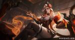  1girl absurdres arm_support artist_name blonde_hair breasts claws crossed_legs earrings evelynn_(league_of_legends) feet_out_of_frame fingernails flower hair_flower hair_ornament high_noon_evelynn highres indoors jewelry large_breasts league_of_legends long_hair looking_at_viewer official_alternate_costume official_alternate_hairstyle pa_baobing parted_lips red_flower red_rose rose signature single_earring sitting solo table yellow_eyes 