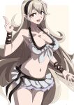  1girl :d absurdres bare_shoulders bikini black_hairband breasts cleavage collarbone corrin_(female)_(fire_emblem) corrin_(female)_(summer)_(fire_emblem) corrin_(fire_emblem) fire_emblem fire_emblem_fates fire_emblem_heroes hair_between_eyes hairband highres large_breasts long_hair navel official_alternate_costume open_mouth pointy_ears red_eyes smile solo swimsuit to_(tototo_tk) very_long_hair white_bikini white_hair 