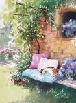  animal bench building cat cushion flower garden hanging_plant leaf lying nara_watercolor on_stomach original painting_(medium) plant potted_plant purple_flower red_flower sleeping traditional_media vines watercolor_(medium) window wooden_bench 