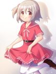  1boy bare_arms belt blush brown_eyes brown_footwear commentary crossdressing dress grey_hair hair_between_eyes hair_bobbles hair_ornament highres looking_at_viewer nemu0701 one_side_up onii-chan_wa_oshimai! otoko_no_ko pantyhose red_dress red_sailor_collar sailor_collar sailor_dress senkawa_minato shadow shoes short_sleeves simple_background skirt_hold smile solo white_background white_pantyhose 