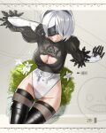  1girl 2b_(nier:automata) absurdres black_blindfold black_hairband black_leotard black_thighhighs blindfold breasts cleavage cleavage_cutout closed_mouth clothing_cutout covered_navel feather-trimmed_sleeves hairband highleg highleg_leotard highres leotard medium_breasts nier:automata nier_(series) short_hair smile solo thighhighs two-tone_leotard waligner white_hair white_leotard 