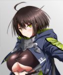  1girl ahoge azur_lane baltimore_(azur_lane) bangs black_choker blue_coat blush braid breasts brown_hair choker closed_mouth clothes_writing coat covered_nipples eyebrows_visible_through_hair green_coat grey_background hair_between_eyes highres large_breasts light_frown looking_at_viewer multicolored_coat open_clothes open_coat outstretched_arm shiny shiny_hair short_hair simple_background solo underboob underboob_cutout upper_body yellow_eyes yuuk33 