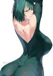  1girl absurdres arms_up artist_name ass back bare_shoulders blush breasts curvy dress english_commentary from_behind fubuki_(one-punch_man) green_dress green_eyes green_hair highres large_breasts light_smile long_sleeves looking_back lucifsys medium_hair one-punch_man simple_background solo sweat taut_clothes taut_dress toned toned_female white_background 