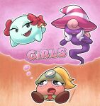  3girls artist_name blonde_hair blush boo_(mario) bow bow_(paper_mario) buttercolors drooling english_commentary english_text fangs ghost_tail gloves goomba goombella hat heart heart_in_eye helmet highres imagining mario_(series) mining_helmet multiple_girls necktie open_mouth paper_mario paper_mario:_the_thousand_year_door peeka_(mario) ponytail searchlight simple_background smile symbol_in_eye vivian_(paper_mario) witch_hat yuri 