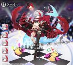  1girl admiral_graf_spee_(azur_lane) alternate_costume azur_lane bangs bikini black_bikini black_footwear black_legwear black_skirt blue_eyes blunt_bangs boots breasts byulzzimon character_name checkered checkered_floor expressions eyebrows_visible_through_hair fishnet_legwear fishnets holding holding_microphone idol looking_at_viewer manjuu_(azur_lane) mechanical_hands microphone microphone_stand miniskirt mismatched_legwear multicolored_hair red_hair short_hair sidelocks silver_hair skirt small_breasts standing standing_on_one_leg streaked_hair swimsuit thigh_strap watermark 