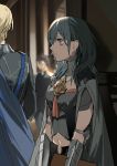  1girl 2boys absurdres bangs black_hair black_pants black_shirt blonde_hair blue_eyes blue_hair blurry blurry_background breasts byleth_(fire_emblem) byleth_(fire_emblem)_(female) depth_of_field dimitri_alexandre_blaiddyd eyebrows_visible_through_hair fire_emblem fire_emblem:_three_houses hair_between_eyes highres indoors long_hair multiple_boys navel pants profile shirt short_sleeves small_breasts solo_focus vambraces zhibuji_loom 