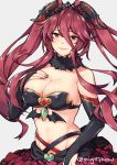  1girl artist_name bare_shoulders breasts cleavage commentary_request dragalia_lost eyebrows_visible_through_hair fang gebyy-terar gloves hair_between_eyes heart highres horns large_breasts long_hair mym_(dragalia_lost) navel red_eyes red_hair simple_background smile solo white_background 