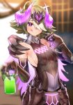  1girl absurdres animal_ears arknights bare_shoulders bear_ears beehunter_(arknights) blush breasts bright_pupils commentary_request cosplay_request green_hair highres holding holding_jar horns jar kirigirisu1221 licking_lips purple_eyes sideboob small_breasts solo tongue tongue_out white_pupils 