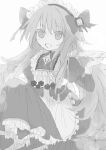  1girl alternate_costume blonde_hair chaos_marie_(grimms_notes) grimms_notes hair_ribbon hayashi_(moyashi505) jewelry long_hair maid maid_headdress monochrome open_mouth pendant pink_eyes ribbon smile solo 