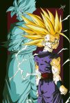  2boys age_difference arms_at_sides backlighting blonde_hair clenched_hands dark_background dirty dirty_face dougi dragon_ball dragon_ball_z dual_persona electricity facial_scar feet_out_of_frame fingernails green_eyes height_difference highres looking_at_viewer looking_away looking_back male_focus messy_hair multiple_boys rectangle red_background reeya scar scar_on_cheek serious shaded_face signature son_gohan son_gohan_(future) spiked_hair standing super_saiyan_2 wristband 