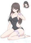  2girls absurdres anklet bang_dream! bang_dream!_it&#039;s_mygo!!!!! barefoot black_hair black_jacket black_one-piece_swimsuit breasts brown_hair chinese_commentary cleavage closed_mouth collarbone commentary_request covered_navel earrings full_body hand_up heart heart_in_eye highres jacket jewelry long_hair long_sleeves looking_at_viewer medium_breasts medium_hair mole mole_under_eye multiple_girls official_alternate_costume one-piece_swimsuit own_hands_together purple_eyes shiina_taki simple_background sitting stud_earrings swimsuit symbol_in_eye unique_(pixiv12704744) upper_body wariza white_background yahata_umiri 