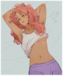  1girl absurdres aidenr0 blush breasts closed_eyes commentary dark-skinned_female dark_skin english_commentary fire_emblem fire_emblem:_three_houses hapi_(fire_emblem) highres medium_breasts messy_hair midriff navel on_bad open_mouth purple_shorts red_hair shorts sleeping solo squeans tank_top underboob white_tank_top 