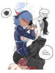  2girls ako_(blue_archive) black_hoodie black_skirt black_thighhighs blue_archive blue_hair blue_jacket blush breasts choker commentary_request covering_another&#039;s_eyes demon_horns garter_straps hairband halo hand_on_another&#039;s_waist highres hood hoodie horns jacket kayoko_(blue_archive) korean_commentary korean_text long_sleeves multicolored_hair multiple_girls pleated_skirt ponytail sideboob sideless_shirt sitting sitting_on_lap sitting_on_person skirt speech_bubble thighhighs translation_request two-tone_hair white_background white_hair zhdyalba 