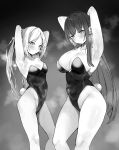  2girls absurdres armpits blush breasts covered_navel fern_(sousou_no_frieren) frieren fringe_trim greyscale highres large_breasts long_hair mac_(pixiv31869137) medium_breasts monochrome multiple_girls navel playboy_bunny presenting_armpit rabbit_tail sideboob sousou_no_frieren steam steaming_body sweat sweatdrop tail 
