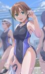  1girl blurry blurry_background breasts brown_hair cloud collarbone commission competition_swimsuit covered_navel fence goggles green_eyes highleg highres looking_at_viewer medium_breasts multiple_girls nikulas_cage one-piece_swimsuit open_mouth original pixiv_commission short_hair sky solo_focus swim_cap swim_goggles swimsuit unworn_goggles unworn_swim_cap 