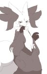  1girl animal_ear_fluff animal_ears blush body_fur chipar closed_mouth commentary_request delphox fox_ears fox_girl fox_tail furry furry_female greyscale hand_to_own_mouth hands_up looking_at_viewer monochrome multicolored_fur neck_fur partial_commentary pokemon pokemon_(creature) simple_background sketch snout solo standing tail white_background 