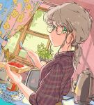  1girl bread bread_slice bright_pupils brown_hair closed_mouth coffee_pot dokaiasuka food green_eyes highres holding holding_food indoors jam kitchen looking_back original purple_shirt round_eyewear shirt solo toast toaster upper_body white_pupils window 
