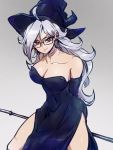 1girl ahoge alternate_eye_color alternate_hair_color android_21 arms_behind_back bare_legs bare_shoulders black_dress black_hair breasts broom cleavage dragon_ball dragon_ball_fighterz dress earrings elbow_gloves glasses gloves halloween_costume hat hoop_earrings jewelry kemachiku large_breasts long_hair looking_at_viewer no_bra red_eyes side_slit silver_hair slender_waist smile solo strapless strapless_dress witch_hat 