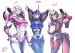  3girls arcee armpits arms_behind_head black_sclera blue_eyes colored_sclera dated english_commentary head_tilt highres leaning_forward looking_at_viewer multiple_girls multiple_persona ongget1 piston signature smile transformers transformers:_generation_1 transformers:_rise_of_the_beasts transformers_(live_action) transformers_prime v white_background white_eyes 