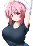  1girl arms_up bangs black_shirt blush breasts collarbone commentary eyebrows_visible_through_hair eyes_visible_through_hair hair_between_eyes highres large_breasts looking_at_viewer motion_lines nori_tamago pink_hair red_eyes saigyouji_yuyuko shirt short_hair short_sleeves simple_background smile solo sweater taut_clothes touhou undressing upper_body white_background white_sweater 