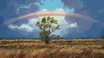  animal blue_sky cloud cloudy_sky fangpeii field highres horse no_humans original outdoors rainbow scenery sky tree 