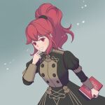  1girl anna_(fire_emblem) black_skirt book commentary_request finger_to_mouth fire_emblem fire_emblem:_three_houses garreg_mach_monastery_uniform grin hair_between_eyes highres holding holding_book ponytail puffy_sleeves red_eyes red_hair shirotsuki2022 sidelocks skirt smile solo 