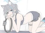  1girl absurdres all_fours animal_ear_fluff animal_ears bare_arms black_shorts black_sports_bra blue_archive blue_eyes blush cross_hair_ornament extra_ears foot_out_of_frame from_side grey_hair hair_ornament halo highres looking_at_viewer low_ponytail masabodo medium_hair mismatched_pupils nose_blush open_mouth revision ring-con shiroko_(blue_archive) shoes short_shorts shorts smile solo sports_bra sweat thigh_strap wolf_ears 