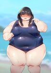  1girl black_hair blue_background blue_one-piece_swimsuit blunt_bangs blurry blurry_background blush braid breasts breasts_apart cameltoe clenched_hand collarbone commentary_request commission covered_navel cowboy_shot fat glasses highres large_breasts looking_at_viewer one-piece_swimsuit open_mouth original outdoors red-framed_eyewear semi-rimless_eyewear skeb_commission solo squarewave straight-on swimsuit thick_arms thick_eyebrows thick_thighs thighs twin_braids under-rim_eyewear v wet 