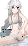  1girl alternate_costume ao_oni_(onioni-aoi) arknights bikini black_bikini braid breasts closed_mouth commentary_request expressionless feet_out_of_frame flower grey_hair hair_between_eyes hair_flower hair_ornament highres long_hair looking_at_viewer navel pointy_ears red_eyes sidelocks simple_background slit_pupils small_breasts solo spread_legs swimsuit warfarin_(arknights) white_background white_flower 