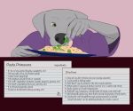  absurd_res anthro broccoli canid canine canis clothed clothing cooking domestic_dog english_text female food front_view green_eyes grey_body hi_res looking_at_food looking_at_object mammal nonfinite pasta plant plate purple_clothing purple_shirt purple_topwear recipe shirt signature simple_background solo text text_box topwear vegetable 