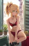  1girl backlighting blonde_hair blurry blurry_background boots bra breasts building choker commentary_request fate/grand_order fate_(series) green_eyes highres looking_at_viewer medium_breasts medium_hair mordred_(fate) navel panties plant ponytail red_bra red_panties sidelocks sitting solo tonee underwear underwear_only window 