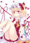  1girl arm_support blonde_hair blush bobby_socks commentary_request eyebrows_visible_through_hair flandre_scarlet hair_between_eyes hand_on_own_chest hat hat_ribbon heart highres knees_to_chest leg_lift looking_at_viewer loose_neckwear mob_cap nibosisuzu panties pantyshot pantyshot_(sitting) partial_commentary petticoat pink_panties pointy_ears puffy_short_sleeves puffy_sleeves red_eyes red_footwear red_skirt red_string red_vest ribbon shirt short_hair short_sleeves side_ponytail sitting skirt smile socks solo string stuffed_animal stuffed_toy teddy_bear touhou underwear vest wavy_mouth white_background white_headwear white_legwear white_shirt wings wrist_cuffs yellow_neckwear 