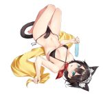  1girl :p absurdres animal_ear_fluff animal_ears bangs bare_arms bare_shoulders barefoot bikini black_bikini black_hair blue_eyes blush breasts cat_ears cat_girl cat_tail cleavage collarbone covering covering_crotch criss-cross_halter eyebrows_visible_through_hair food frills ghost_cc halterneck highres holding holding_food knees_up large_breasts looking_at_viewer lying maid_headdress navel on_back original parted_lips popsicle short_hair side-tie_bikini simple_background smile solo stomach swimsuit tail tail_censor thigh_gap tongue tongue_out towel untied untied_bikini v-shaped_eyebrows white_background 