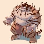  absurd_res anthro balls belly bottomwear bulge clothing dream_tiger_(govy9807) felid fur genitals glowing glowing_eyes hi_res loincloth male mammal merphbw musclegut muscular navel nipples pantherine pawpads pecs pubes solo striped_body striped_fur stripes tiger tusks yellow_eyes 