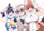  3girls animal_ears bare_shoulders black_hair blowhole blush bow breasts brown_hair common_dolphin_(kemono_friends) dhole_(kemono_friends) dog_ears dog_girl dog_tail dolphin_girl dorsal_fin extra_ears fangs glasses gloves grey_hair highres japari_symbol kemono_friends kemono_friends_3 large_breasts long_sleeves looking_at_viewer mamiyama meerkat_(kemono_friends) meerkat_ears meerkat_tail multicolored_hair multiple_girls open_mouth salute shirt short_hair skirt sleeveless smile sweater tail two-tone_hair two-tone_sweater white_hair 