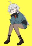  1girl ahoge asticassia_school_uniform bad_id bad_twitter_id black_footwear boots closed_mouth full_body green_jacket green_shorts grey_eyes grey_hair grey_pantyhose gundam gundam_suisei_no_majo hair_between_eyes hand_on_own_chin hand_up high_heel_boots high_heels highres invisible_chair jacket kerorira long_hair long_sleeves looking_at_viewer miorine_rembran pantyhose school_uniform shorts simple_background sitting solo yellow_background 