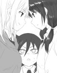  3girls bags_under_eyes black_hair breasts closed_mouth commentary confrontation eye_contact eyebrows_visible_through_hair faceoff greyscale highres hyakuen_raitaa kuroki_tomoko long_hair looking_at_another monochrome multiple_girls necktie nemoto_hina open_mouth sweat tamura_yuri watashi_ga_motenai_no_wa_dou_kangaetemo_omaera_ga_warui! 