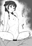  1boy 1girl absurdres breasts cowgirl_position flat_chest freckles greyscale hair_tubes hetero highres kaiman_garupan kusuriya_no_hitorigoto maomao_(kusuriya_no_hitorigoto) monochrome motion_lines sex simple_background small_breasts spread_legs straddling sweat white_background 