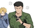  2boys ? absurdres ao_isami aroused_nosebleed black_hair blonde_hair facial_hair fzy83225 highres jumpsuit lewis_smith looking_at_viewer male_focus multiple_boys pectorals sideburns_stubble spoken_question_mark stubble thick_eyebrows upper_body yaoi yuuki_bakuhatsu_bang_bravern 