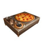  absurdres algenartwork cheese food food_focus highres no_humans original pepperoni pepperoni_pizza phonograph pizza simple_background white_background 