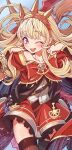  1girl blonde_hair bracer cagliostro_(granblue_fantasy) cape cheek_poking crown granblue_fantasy hairband highres long_hair one_eye_closed open_mouth poking purple_eyes ryuusei_(trickster) solo spiked_hairband spikes thighhighs tiara 