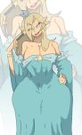 1girl amy_(leedraw) blonde_hair blue_eyes breasts cleavage collarbone crown detached_sleeves dress hand_on_own_hip highres holding holding_wand large_breasts long_hair mario_(series) rosalina smile solo sparkle_earrings star_(symbol) strapless strapless_dress wand white_background wide_hips zoom_layer 