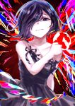  1girl bare_arms bare_shoulders black_dress blue_eyes breasts collarbone dress hair_over_one_eye hand_on_own_shoulder highres kagune_(tokyo_ghoul) kirishima_touka large_breasts looking_at_viewer medium_breasts multicolored_background parted_lips red_background segawa_me_no short_hair solo teeth tokyo_ghoul 