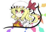  1girl ascot blonde_hair commentary_request eyebrows_visible_through_hair flandre_scarlet goma_(gomasamune) hair_between_eyes hat hat_ribbon highres looking_at_viewer mob_cap partial_commentary red_eyes ribbon short_hair smile solo touhou upper_body white_background wings 