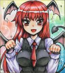  1girl :d armband bat_wings blush breasts commentary_request demon_tail dress_shirt eyebrows_visible_through_hair fang gradient gradient_background head_wings koakuma long_hair long_sleeves looking_at_viewer medium_breasts necktie open_mouth paw_pose red_eyes red_hair red_neckwear shikishi shiny shiny_hair shirt smile solo sparkle tail texture touhou traditional_media upper_body vest watercolor_(medium) white_shirt wings yagami_(mukage) 