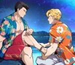  2boys absurdres ankle_strap ao_isami bara beach black_hair blonde_hair blush couple dressing_another eye_contact facial_hair feet_out_of_frame foot_up from_side fzy83225 highres large_pectorals lewis_smith looking_at_another male_focus male_swimwear multiple_boys muscular muscular_male night night_sky official_alternate_costume pectoral_cleavage pectorals profile red_male_swimwear sideburns_stubble sky star_(sky) starry_sky stubble swim_trunks thick_eyebrows yaoi yuuki_bakuhatsu_bang_bravern 