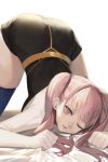  1girl absurdres arm_support ass bed_sheet black_dress blue_legwear blush dress fire_emblem fire_emblem:_three_houses garreg_mach_monastery_uniform highres hilda_valentine_goneril jam_(nandade) long_hair looking_at_viewer one_eye_closed parted_lips pink_eyes pink_hair school_uniform sheet_grab short_sleeves simple_background solo spread_legs thighhighs top-down_bottom-up twintails white_background 